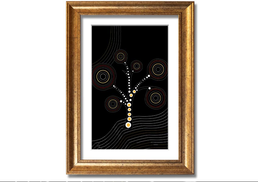 Framed Aboriginal Tree 2 print showcasing vibrant colors and intricate patterns, ready to hang.